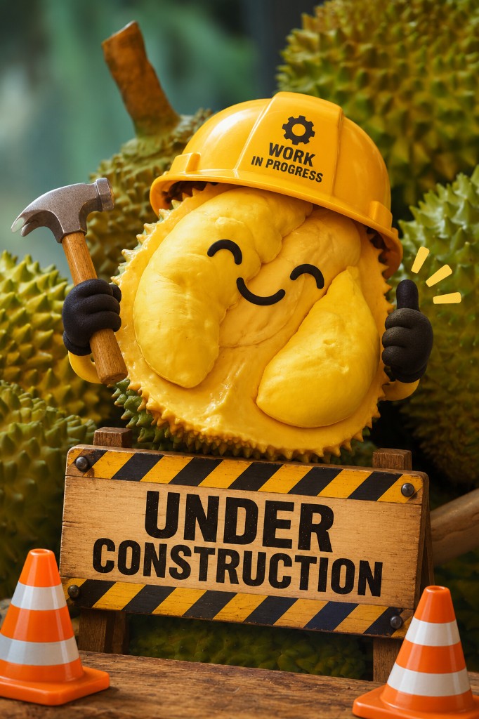 Cute durian mascot wearing a hard hat, standing behind an under construction sign